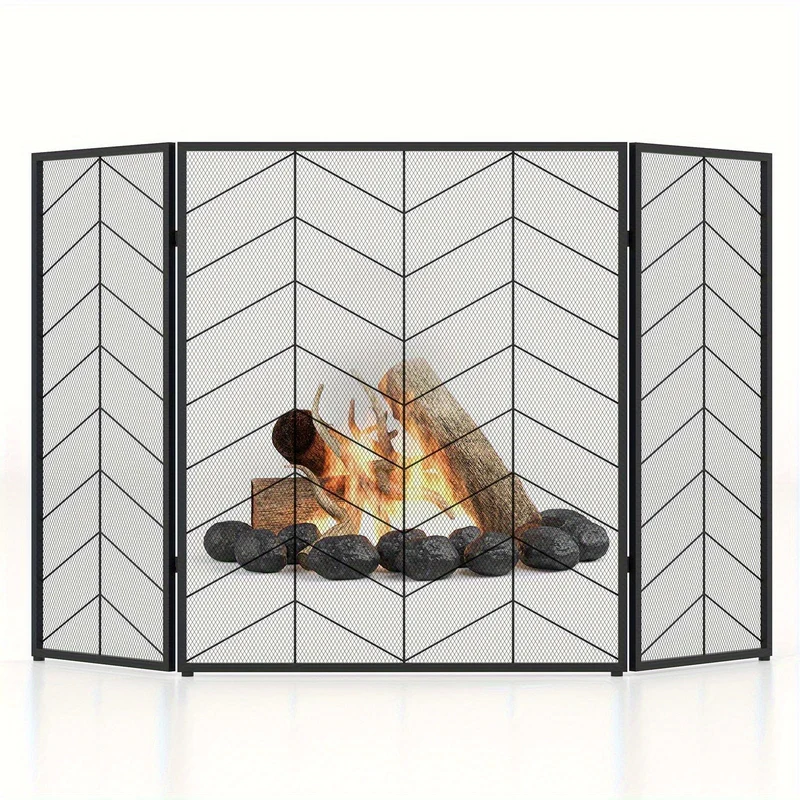 Haardscherm – Haardkorf – Vuurkorf – Vuurhaard Afdekking – Vonkenvanger – 3-delig Vouwbaar – Hittebestendig Metaal – Modern Visgraatpatroon – Afmeting 132x79 cm – Antislip Voetjes