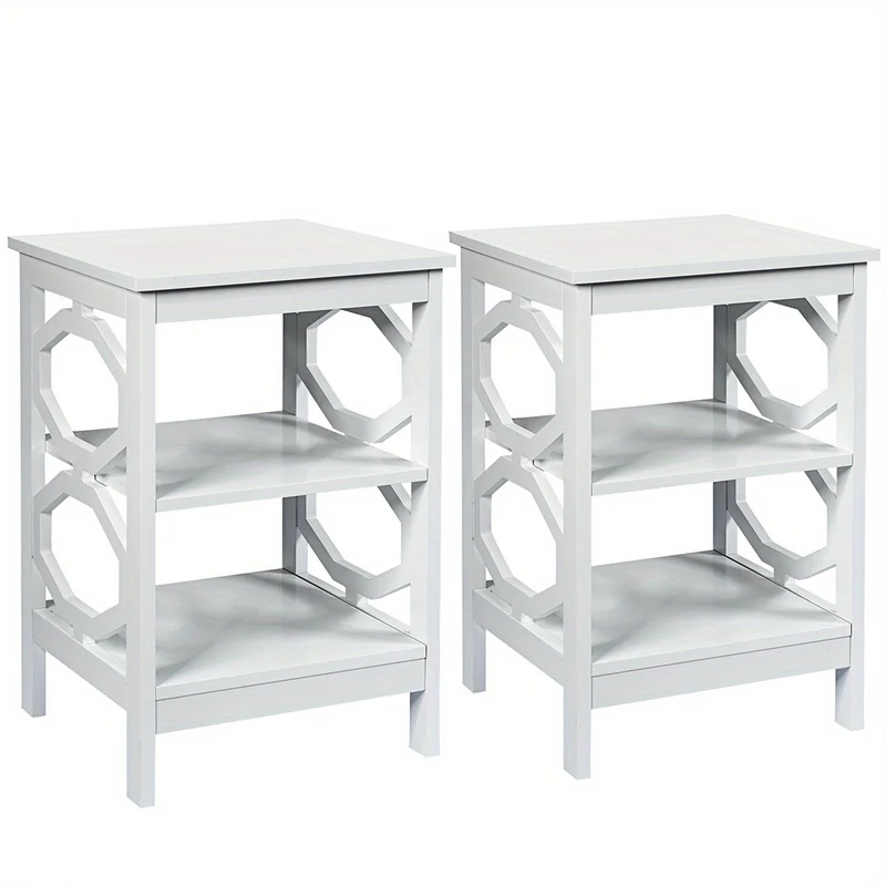 Nachtkastje – Bijzettafel – Zijkastje – Nachtkast – Opbergkastje – Set van 2 – Wit – Modern – 3-laags – MDF en Massief Hout – Waterbestendig – Krasbestendige Poten