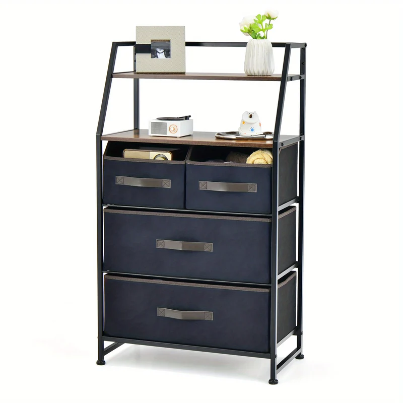 Stoffen Ladekast – Commode – Opbergkast – Dressoir – Ladenkast – Met 4 Stoffen Lades – Metalen Frame – 58x29x100 cm – Houtlook Planken
