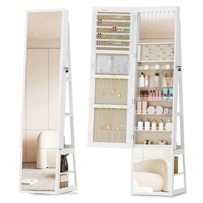 Sieradenkast – Sieradenopberger – Spiegelkast – Make-upkast – Sieradendoos – 360° Draaibare Spiegel – Vergrendelbaar – Wit Met Beige Voering – Grote 4-laags Opbergruimte