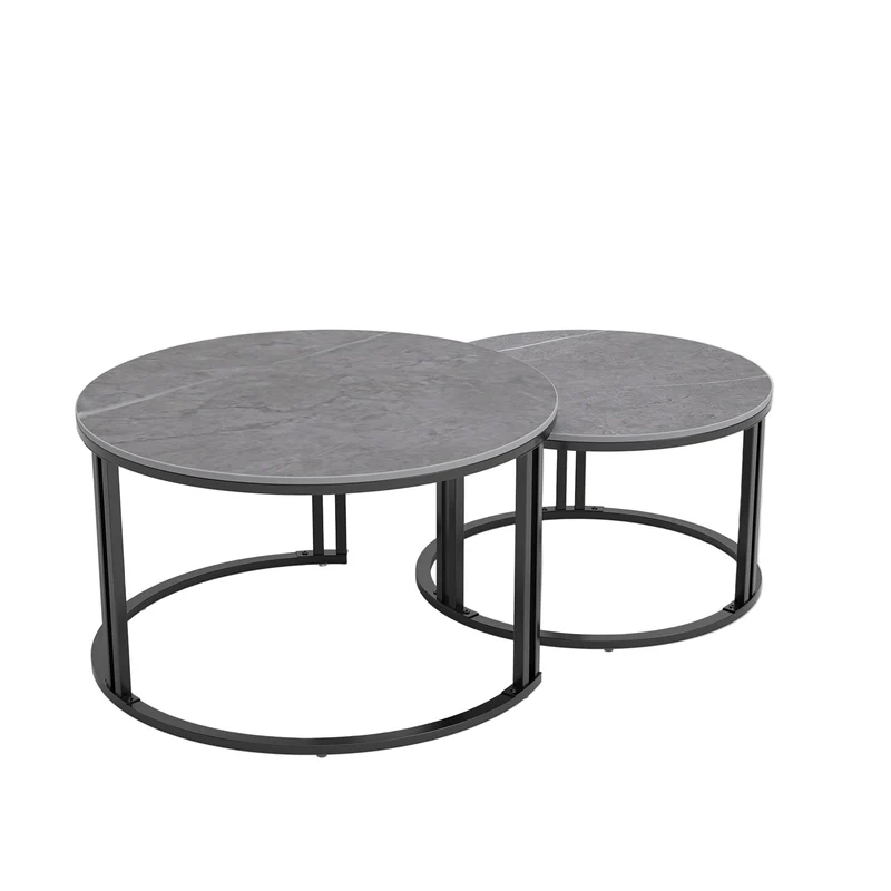 Salontafelset – Salontafels – Bijzettafels – Nesting Tafels – Ronde Tafels – Gesinterd Steen Blad – Metalen Onderstel – Set van 2