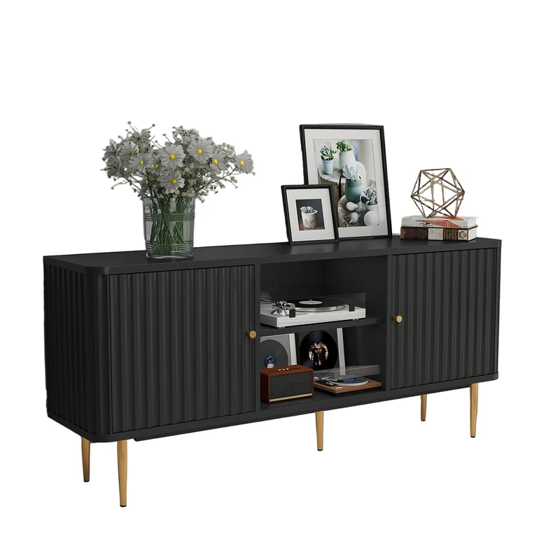 Tv Meubel – TV Kast – Tv Dressoir – Media Meubel – Entertainment Meubel – Zwart – 139,7 cm Breed – 2-Deurs Opbergruimte – Open Planken – Duurzaam Hout – Eenvoudige Montage