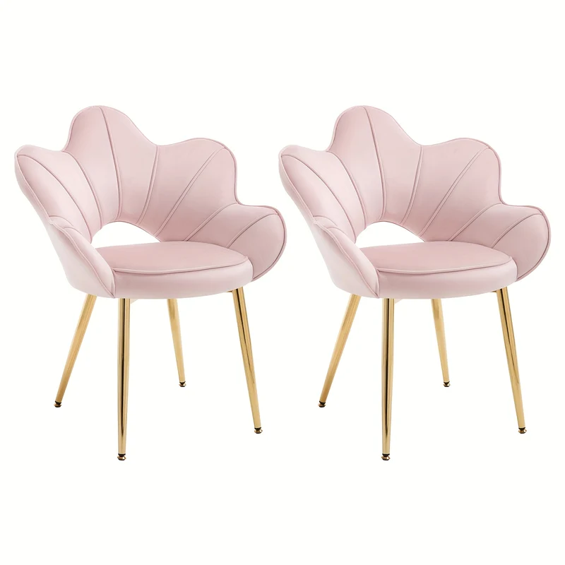 Velvet Lounge Stoelen – Loungestoelen – Eetkamerstoelen – Kapstoelen – Zetels – Zacht Roze Velvet – Metalen Gouden Frame – Ergonomische Bloemblaadje Rugleuning – Set Van 2