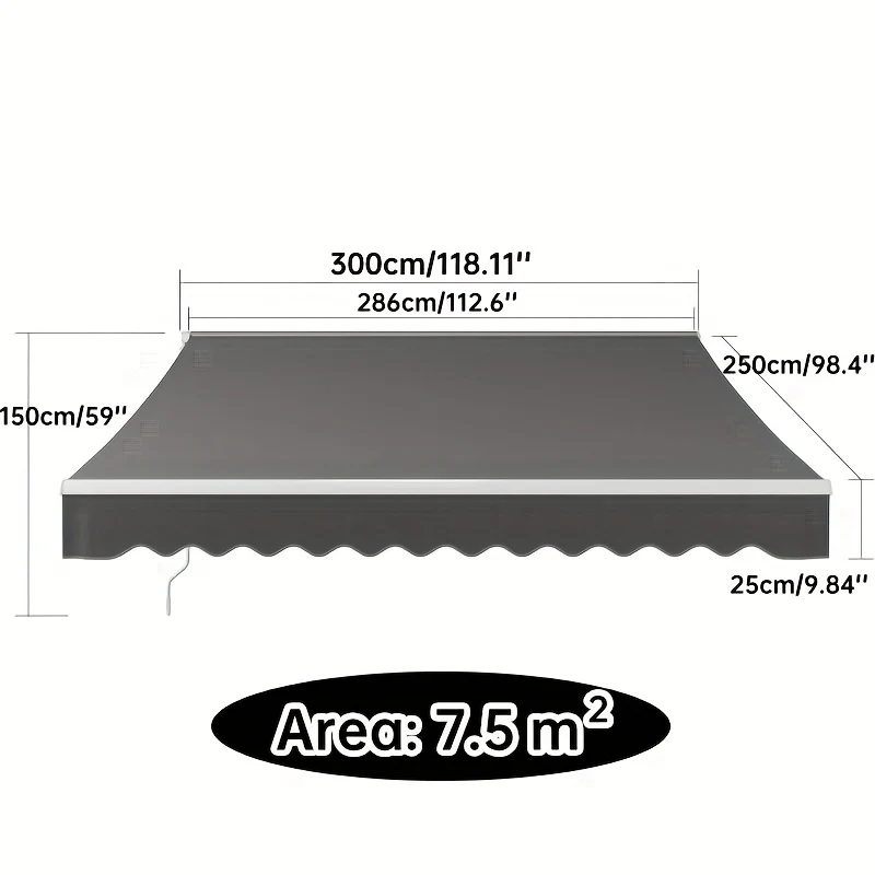 Uittrekbare Zonwering – Verstelbaar Zonnescherm – Terrasscherm – Balkonoverkapping – Schaduwdoek – Grijs – 300x250 cm – UV Bescherming – Handmatige Kurkbediening