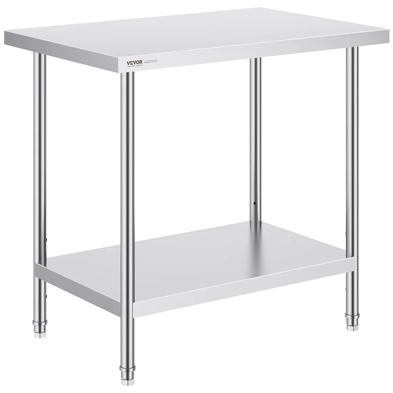 RVS Werktafel – Roestvrijstalen Werkbank – Keukentafel – Werkbank Metaal – Garagetafel – Verstelbare Legplanken – 61x91 cm Werkblad