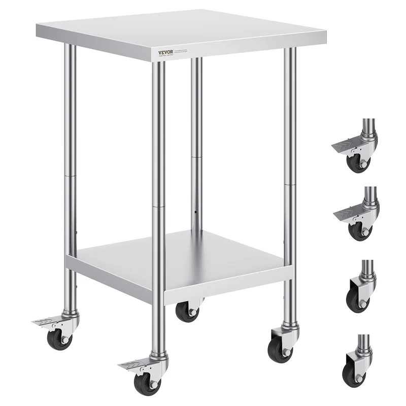 RVS Werktafel – Werkbank – Keukentafel – Inpaktafel – Werkoppervlak – Roestvrij Staal – 60x60 cm – 4 Zwenkwielen Met Rem