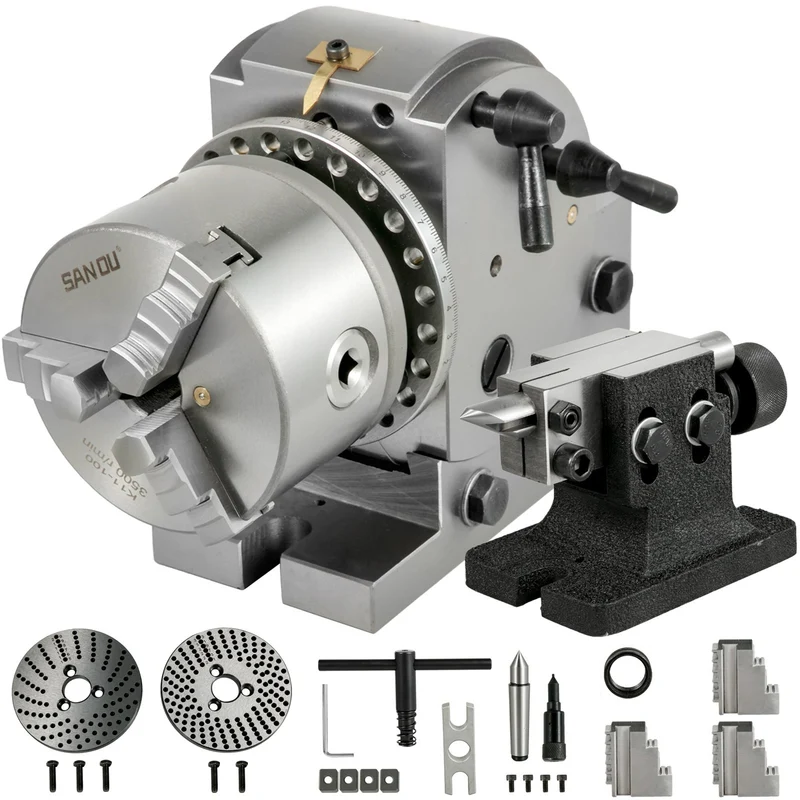 Deelkop Draaibank – Verdeelkop CNC – Indexeerkop Freesmachine – 3-Klauws Klauwplaat – 4 Inch Chuck – Verstelbare Hoek – HT200 Gietijzer Stabiel