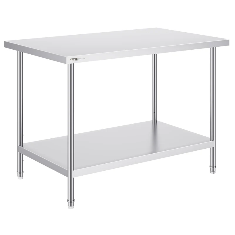 RVS Werktafel – Roestvrijstalen Werkbank – Keukentafel – Werkbank Met Planken – Met Verstelbare Legplaat – 122x86x76 cm – 0,8 mm Dikte – 3-niveau Verstelbaar
