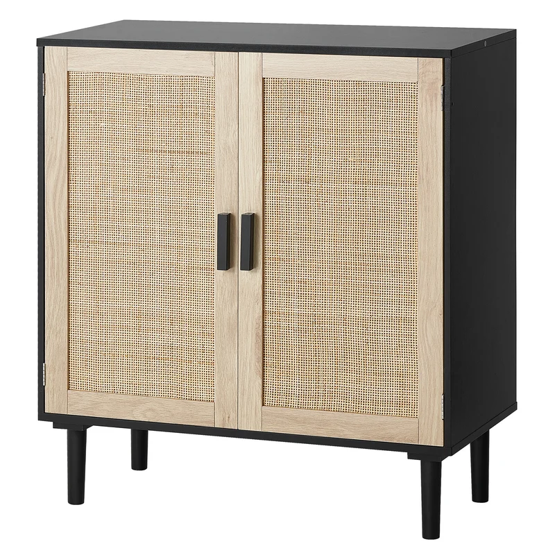 Kast – Opbergkast – Rattan Kast – Dressoir – Buffetkast – Handgeweven Rattan Deuren – Verstelbare Legplanken – Zwart – Magnetische Deuren