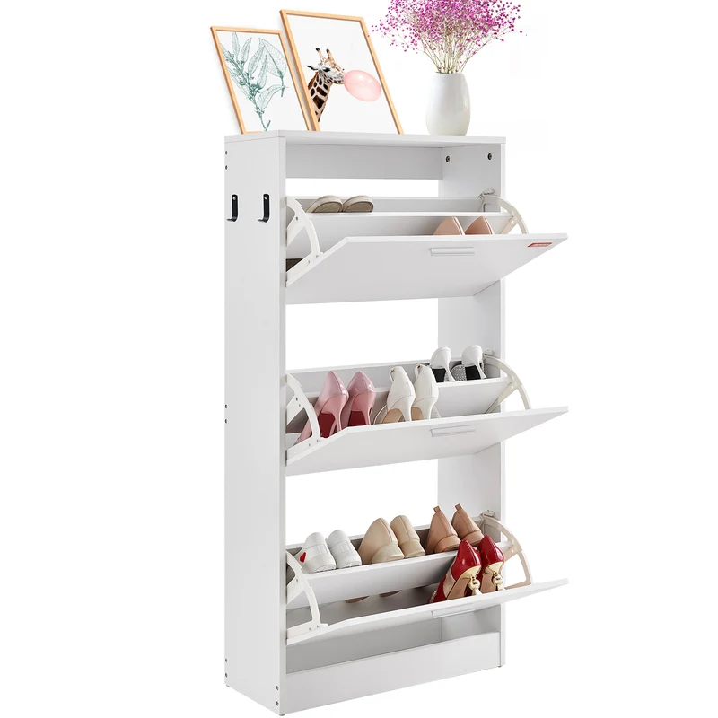 Schoenenkast – Schoenenrek – Schoenenopberger – Schoenenkastje – Schoenenkast met 3 Klapladen – Compact Design – Stevig Hout