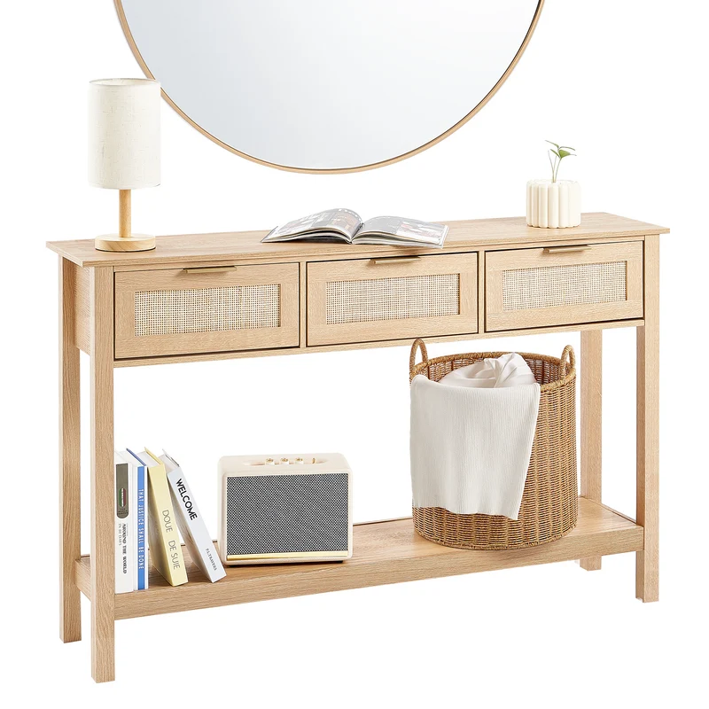 Rieten Sidetable – Rieten Tafel – Opbergtafel – Bijzettafel – Wandtafel – Natuurlijk Riet – 3 Lades – Eenvoudige Montage