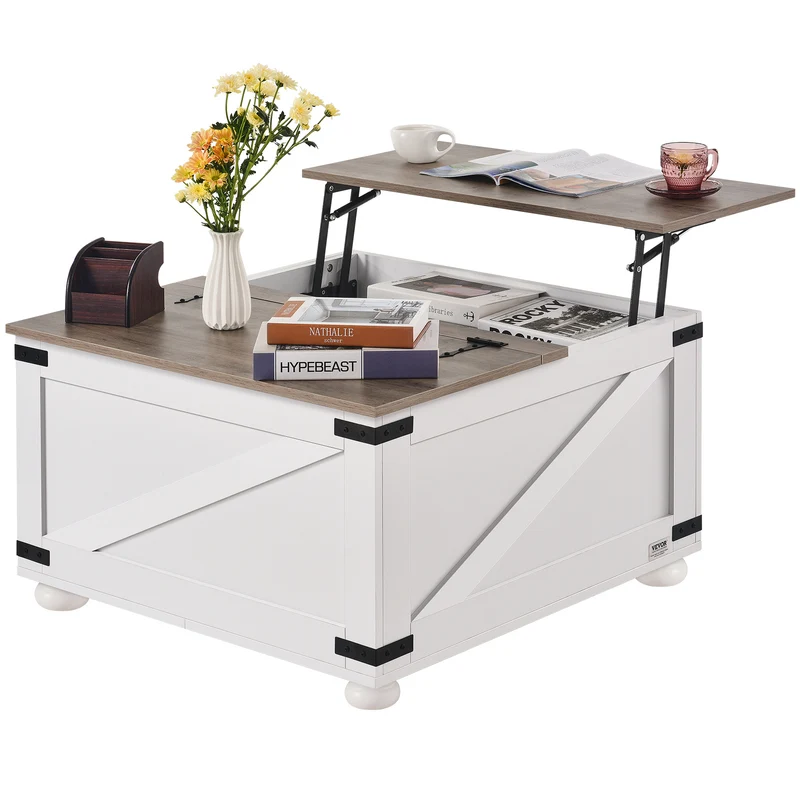 Salontafel – Koffietafel – Tafeltje – Woonkamertafel – Lift-Top Salontafel – 80x80 cm – Hydraulisch Hefblad – Grote Opbergruimte Grijs-Wit