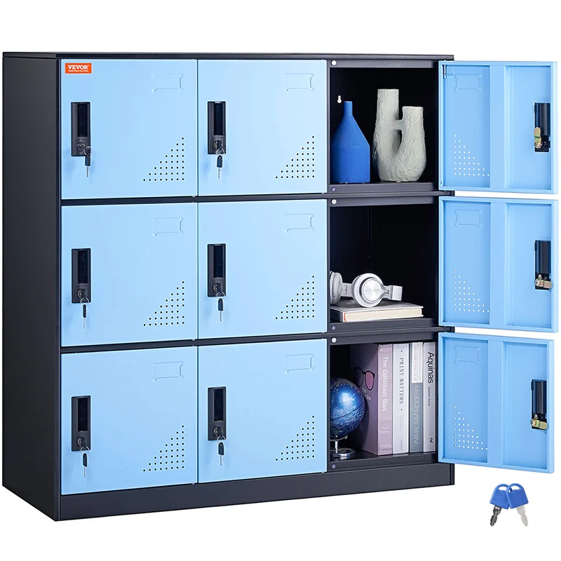 Lockerkast – Opbergkast – Kledingkast – Metalen Kast – Lockers – 9 Deuren Met Slot – Robuust Stalen Design 90x45x94 cm - Zwart-Blauw