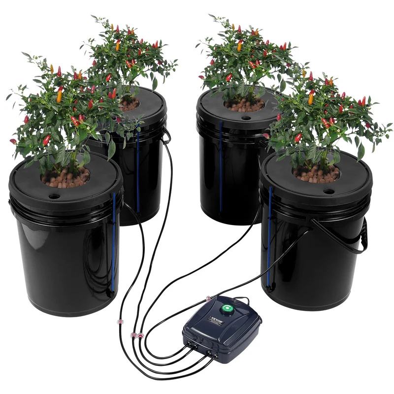 Deep Water Culture Hydrocultuursysteem – Hydroponisch Systeem – Plantenbakken – Hydrocultuur Kit – Groeisysteem – 4 x 19L PP Bakken – Krachtige Luchtpomp met Waterniveaumeter – Zwart
