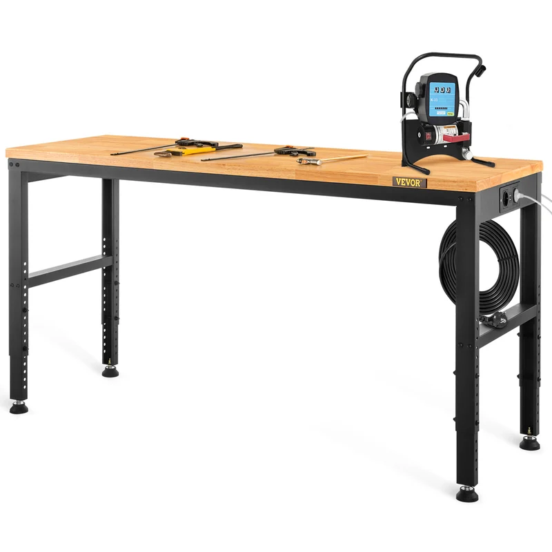 Werkbank – Werktafel – Werkbank Met Stopcontacten – Verstelbare Werkbank – Klusbank – 183x64 cm Massief Houten Blad – Hoogte Verstelbaar 72-97 cm