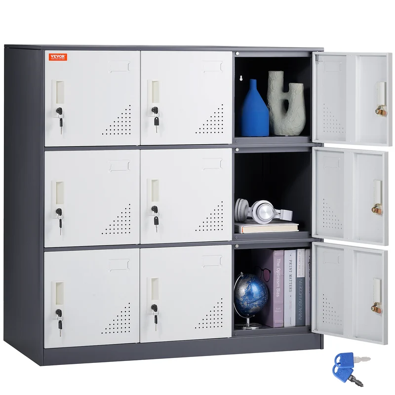 Metalen Locker – Stalen Lockers – Opslagkast – Opbergkast – Kleedkamerkast – Wit – 9 Deuren – Ventilatieopeningen – Magneetsluiting Met Sleutels
