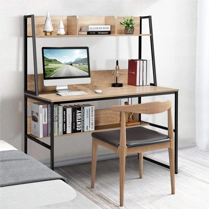 Bureau – Computertafel – Werktafel – Schrijftafel – Tafel – Houten Bureau Met Planken – Stevig Metalen Frame – Verstelbare Voetjes – 120x57 cm – Natuurlijke Houtkleur