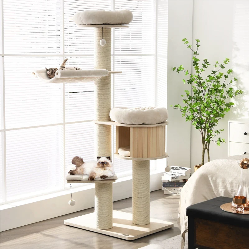 Krabpaal – Krabboom – Klimmeubel – Kattenmeubel – Krabton – 5-Lagen Hout – Inclusief Hangmat & Kattenhol – 174 cm Hoog – Sisal Krabpalen – Beige