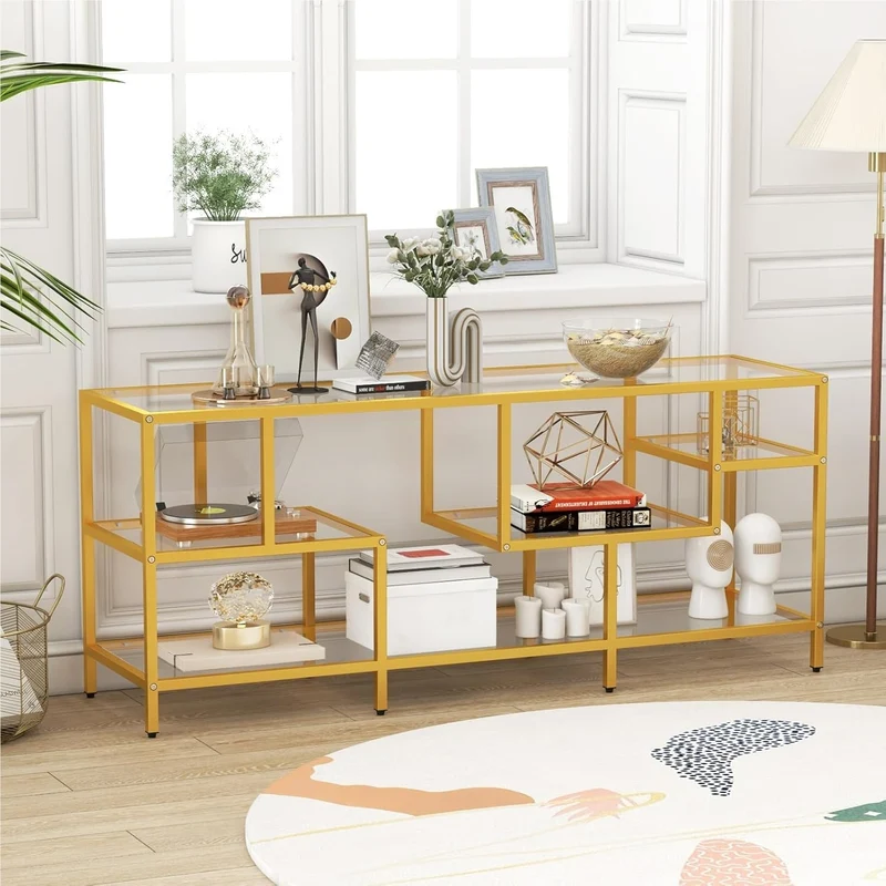 TV-meubel – TV-kast – Televisiemeubel – TV-standaard – Tv-dressoir – Met Gehard Glas – Stevige Metalen Constructie – Geschikt Voor TV’s Tot 65 Inch – Gouden Kleur – 147x40x62 cm