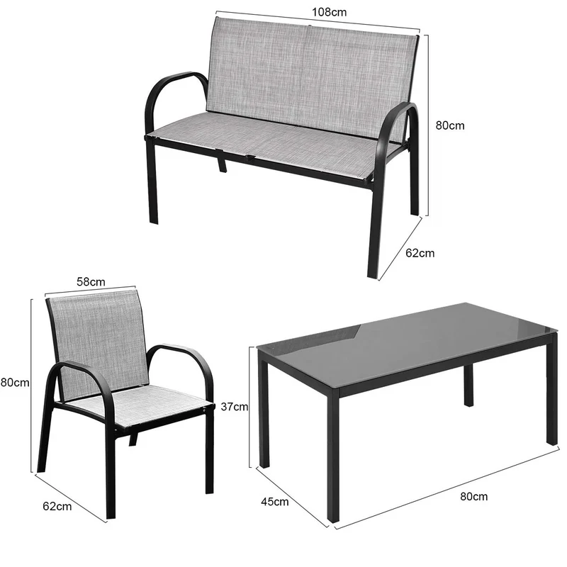 Tuinset 4-delig – Loungeset – Balkonmeubilair – Terrasmeubels – Buitenmeubels – Gepoedercoat IJzer – Gehard Glas Tafelblad
