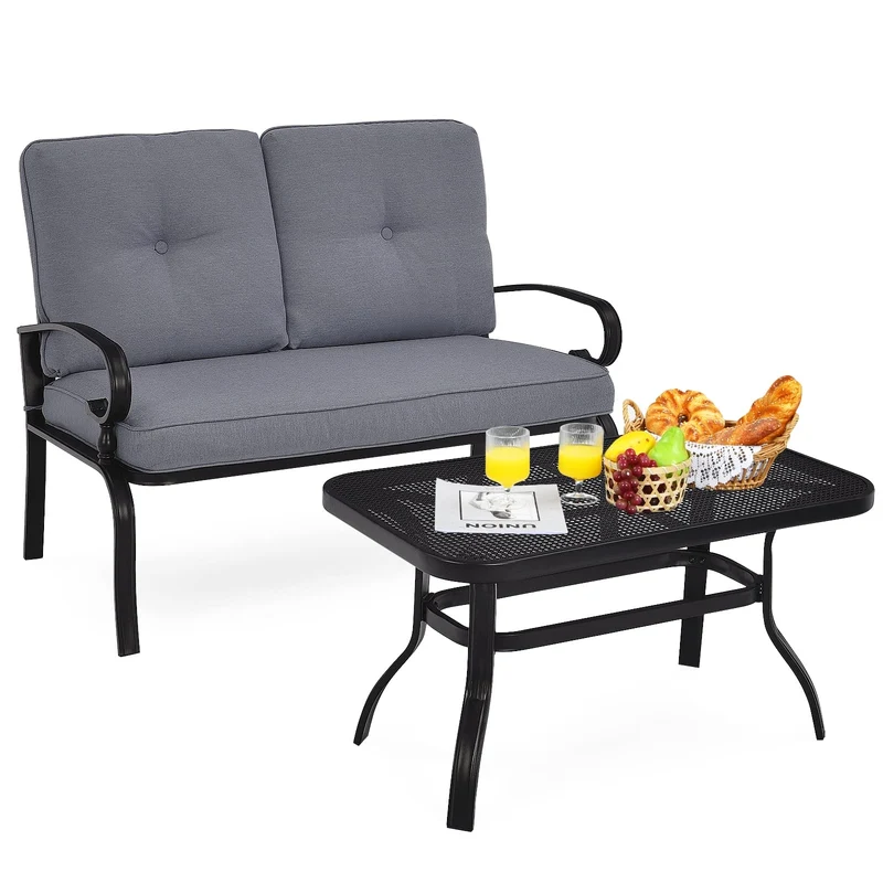 Tuinbank – Buitenbank – Balkonbank – Zitbank – Tuin Zitgroep – Comfortabel Met Kussens – Duurzaam Metalen Frame – Inclusief Koffietafel 120x76 cm