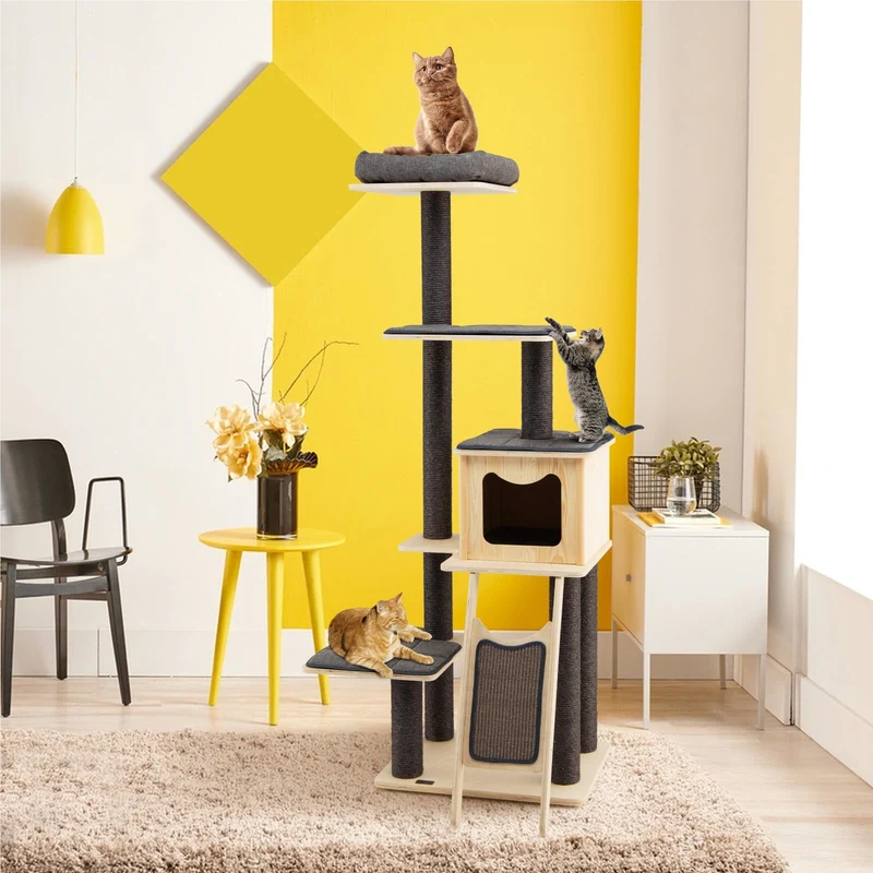 Krabpaal – Krabboom – Kattenboom – Klimpaal – Activiteitentoren – 6-laags Houten Krabpaal Met Sisal – Met Kattenhol En Zacht Kussen – Stabiele, Hoge Klimtoren 175 cm – Grijs-Beige