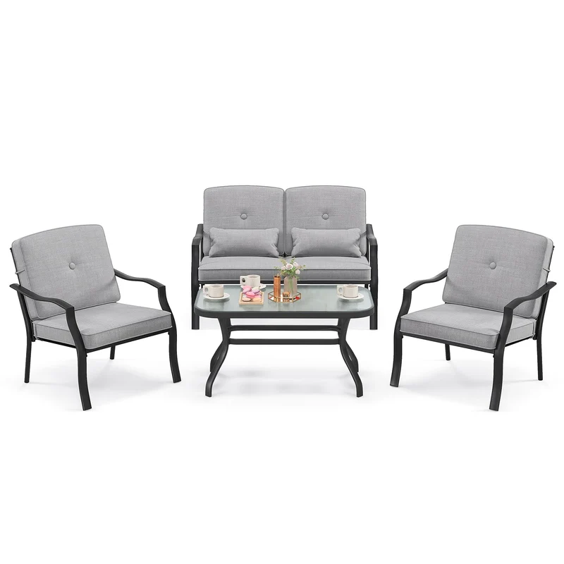 Tuinmeubelset – Loungeset – Tuinbank – Tuinstoelen – Salontafel – Zwart Metalen Frame – Comfortabele Grijze Kussens