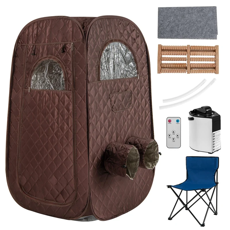 Stoomsauna – Draagbare Sauna – Sauna Tent – Stoomcabine – Mobiele Sauna – 3L Stoomgenerator – Timer & Afstandsbediening – Bruin – 89x89x149 cm