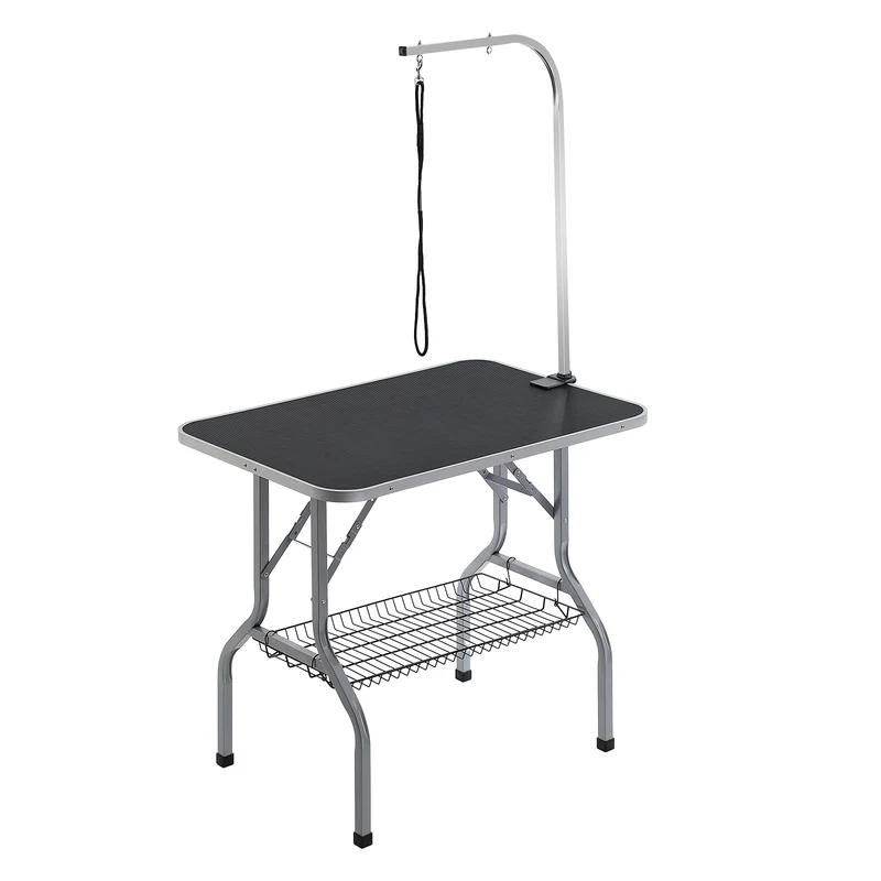 Trimmtafel – Verzorgingstafel – Honden Tafel – Katten Tafel – Draagbaar – Verstelbare H-vormige Armen – Inklapbaar Met Opbergruimte – Stabiel Tot 150 kg – Anti-Slip Rubber Voetjes – Zwart