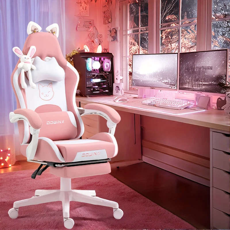 Ergonomic Pink Office Chair with Adjustable Height, Headrest & Lumbar Support - Cute Doll Design, 360° Swivel Base, 5-Point Adjustable Armrests, 5-Point Adjustable Footrest, 5-Point Adjustable Backrest, 5-Point Adjustable Se