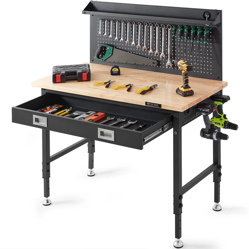 Werkbank – Houten Werktafel – Klusbank – Werkbank Met Pegboard – Verstelbare Werkhoogte – Massief Houten Werkblad – 4 Stopcontacten & USB Poorten – 900 kg Draagvermogen