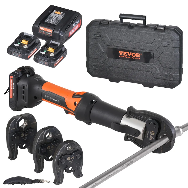 Elektrisch Persgereedschap – Persmachine – Buisklemmen – Pijpklem – Crimptool – 360° Draaibare Kop – 2x 18V Lithium-Ion Accu