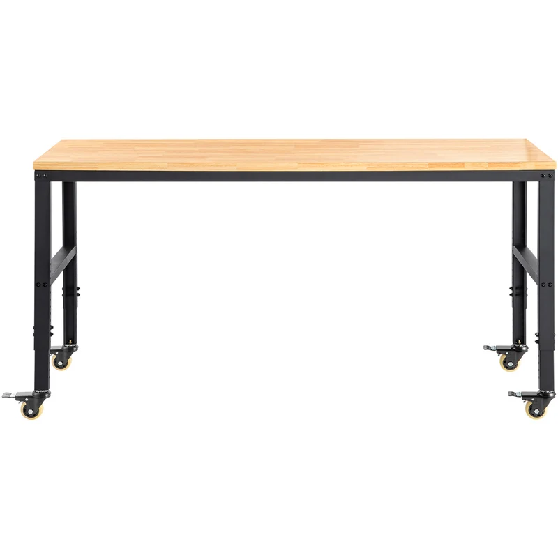 Verstelbare Werkbank – Werktafel – Werkbank Op Wielen – Werkruimte – Werkstation – 155x51 cm Massief Houten Blad – Ingebouwde Stroomvoorziening Met Usb Poorten