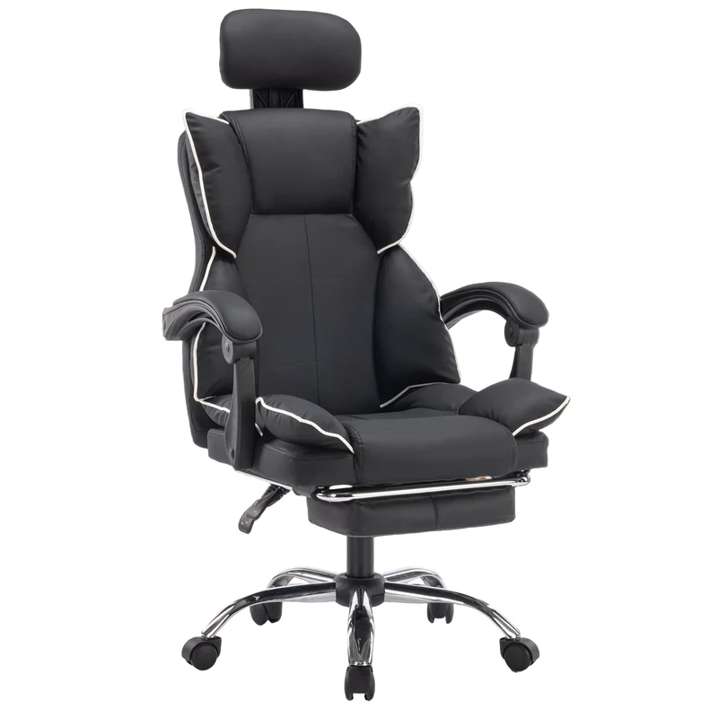 Bureaustoel – Office Chair – Gamestoel – Kantoorstoel – Draaistoel – Ergonomisch Hoog Rugontwerp – Met Uitschuifbare Voetensteun – Robuust Roestvrijstalen Frame – Zwart