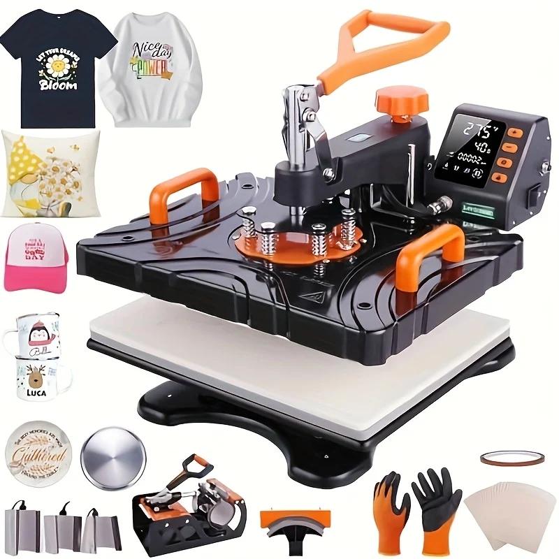 8-in-1 Digital Heat Press Machine Combo for T-Shirts, Caps & Mugs - 360° Swing Away Dual-Tube Heating, 30.48x38.1 cm Sublimation Area, Includes Accessories for DIY Projects, Black & Orange Design, Heat Press Transfer Designs