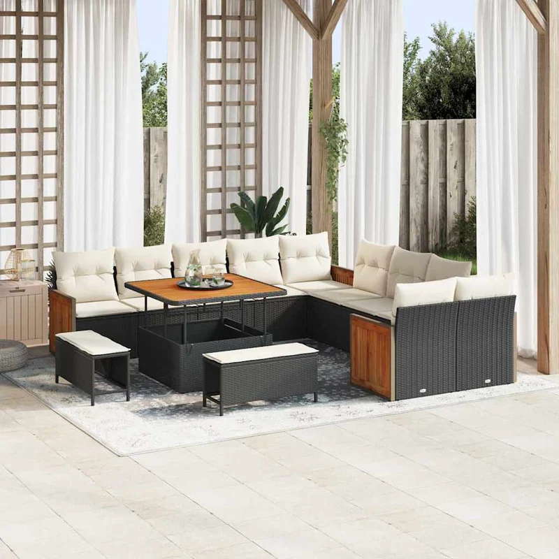 Tuinbank – Buitenbank – Loungeset – Outdoor Sofa – Tuinmeubel – Modulair Ontwerp – UV-Bestendig Poly Rattan & Acaciahout – Zwart met Crème Kussens – 5-Zits