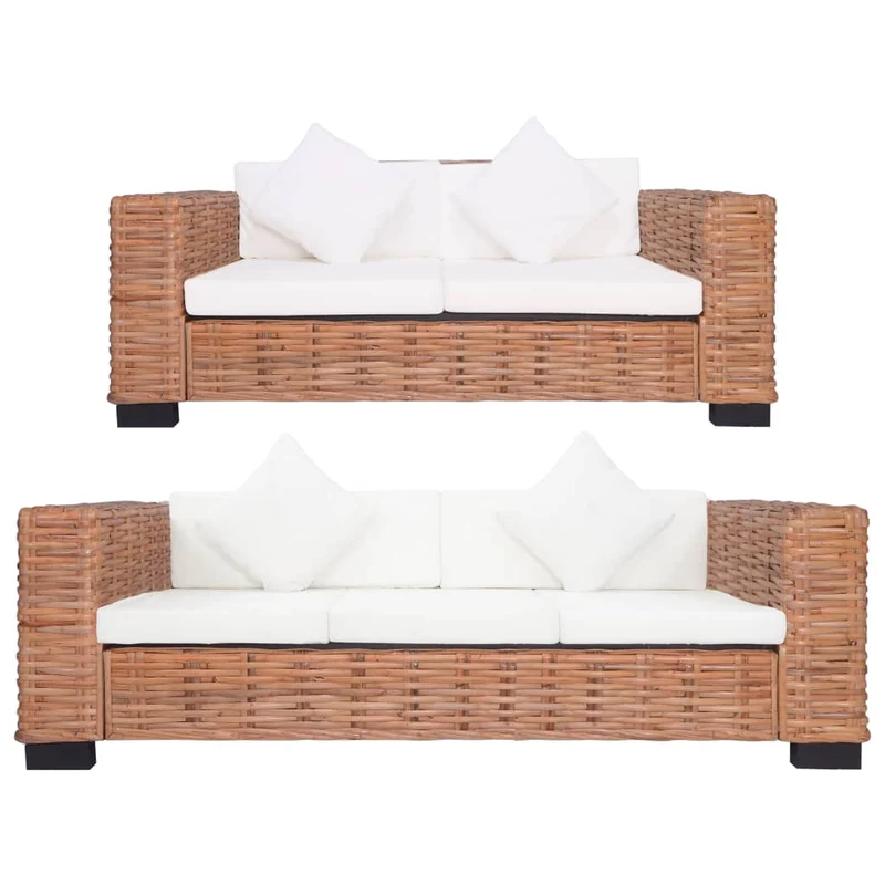 Rattan Loungebank Set – Loungeset – Buitenbank – Tuinbank – Bankstel – Tweezits + Driezits – Natuurlijk Rattan – Stevig Houten Frame – Comfortabele Wasbare Kussens
