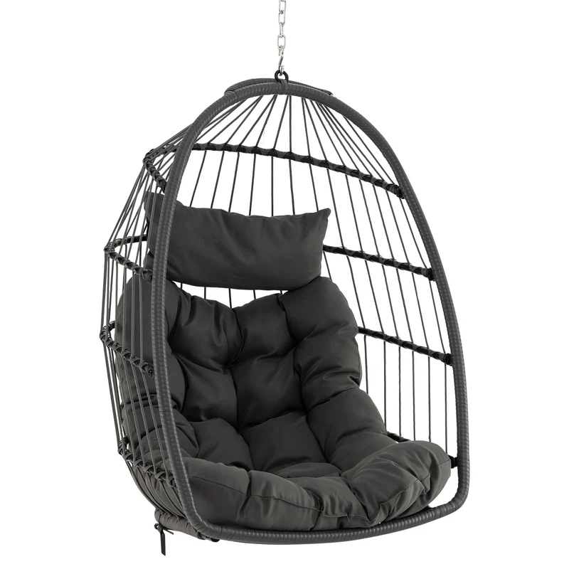 Hangstoel – Hangstoel met Kussen – Hangmatstoel – Schommelstoel – Zitzak – Inklapbaar – PE Rattan – Inclusief Ophangsysteem – Max. 150 kg – Grijs