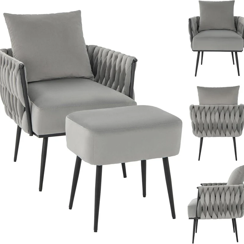 Fauteuil – Relaxstoel – Leesstoel – Loungefauteuil – Tv-stoel – Grijs Velours – Met Hocker – Ergonomische Halfronde Rugleuning