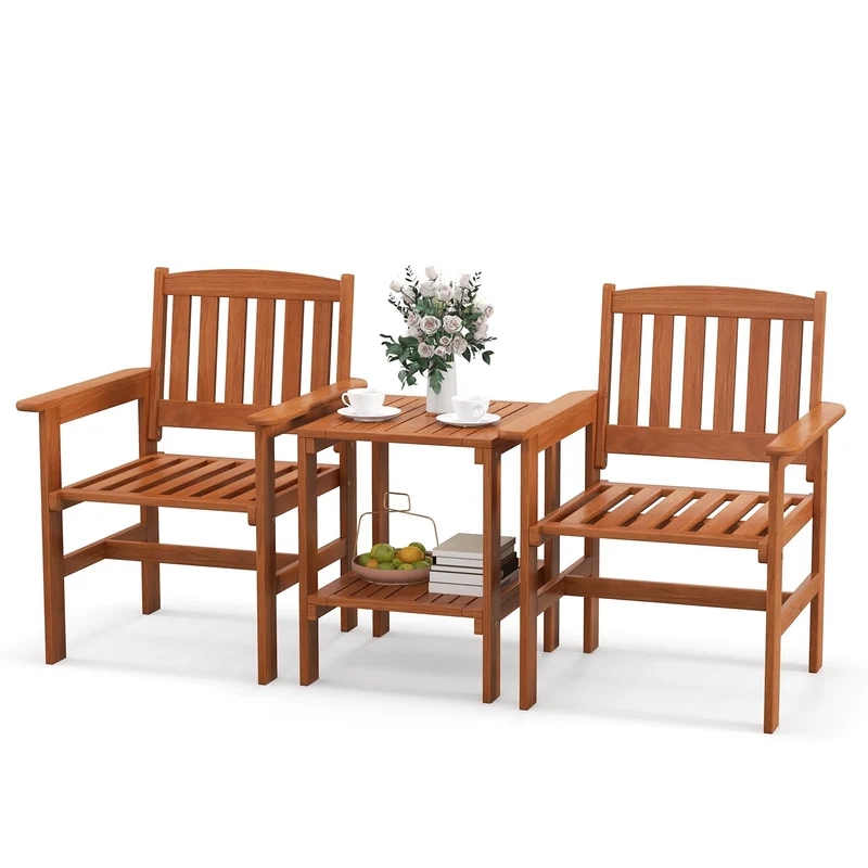 Tuinbank – Tuinset – Buitenbank – Balkonbank – Acaciahouten Bank – 2 Persoons – Met Zijtafel – Parasoluithouder – Weerbestendig Hout – Ergonomisch Design