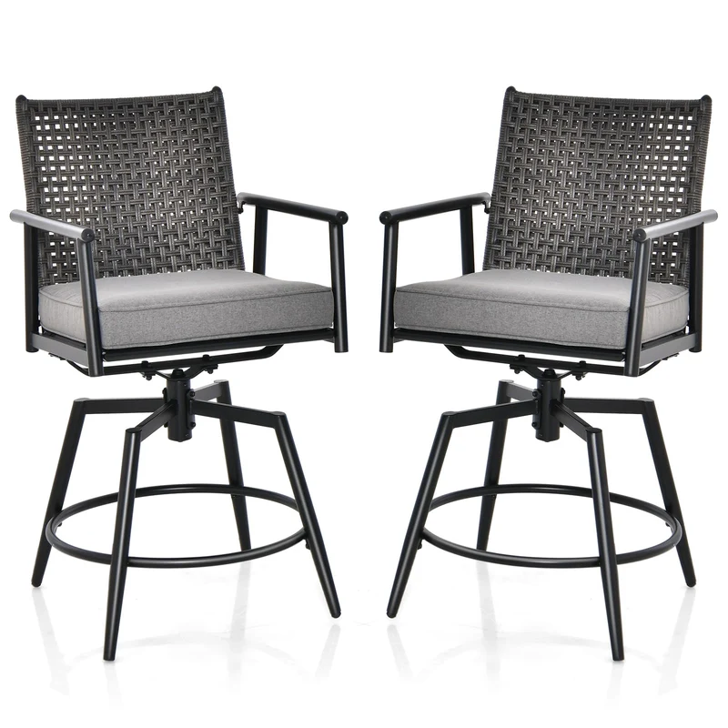Barstoel – Barkruk – Barstoel Set – Barstoelen – Bistrostoel – 360° Draaibaar – 2-Laags PE-Rattan Rugleuning – Verstelbare Voetensteun – Metalen Frame – Set Van 2 – Zithoogte 64 cm