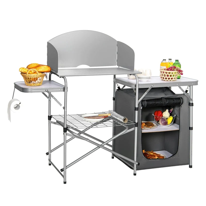 Campingkastje – Campingtafel – Outdoor Kastje – Vouwkastje – Campingmeubel – Aluminium Frame – Windschermen & Opbergtas – Compact & Lichtgewicht