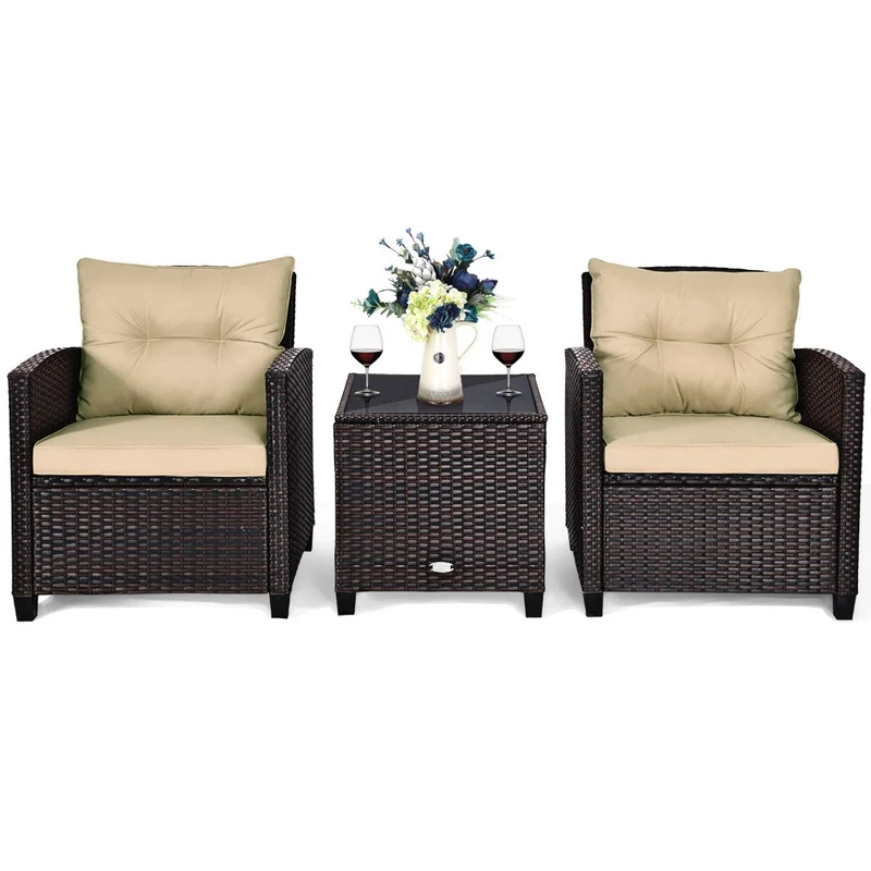 Tuinset – Rattan Tuinmeubelen – Polyrattan Zitgroep – Bistroset – Loungeset – 3-delig – Weerbestendig Stalen Frame – Inclusief Zitkussens en Glazen Tafelblad