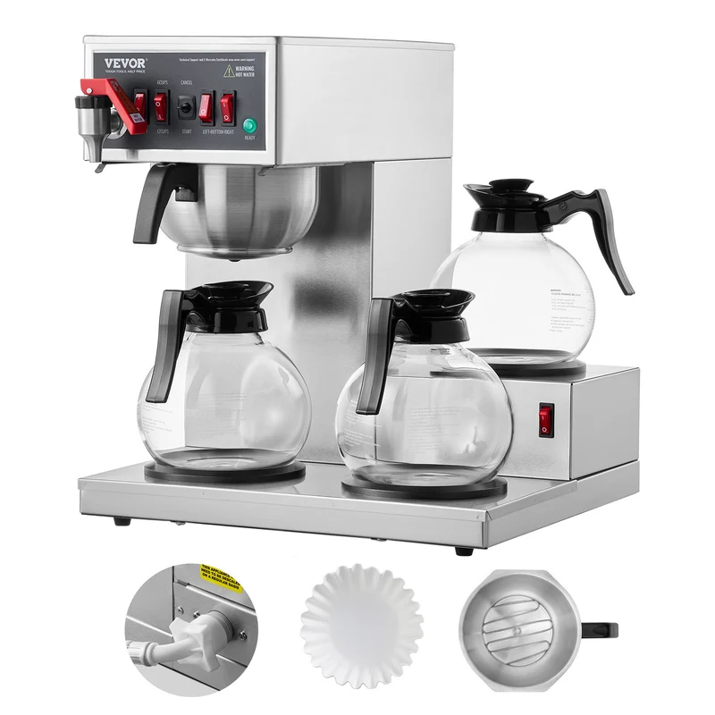 Filterkoffiemachine – Koffiezetapparaat – Drip koffiezetter – Commerciële koffiemachine – Horecakoffiemachine – 12 koppen capaciteit – 3 glazen kannen met warmhoudplaat