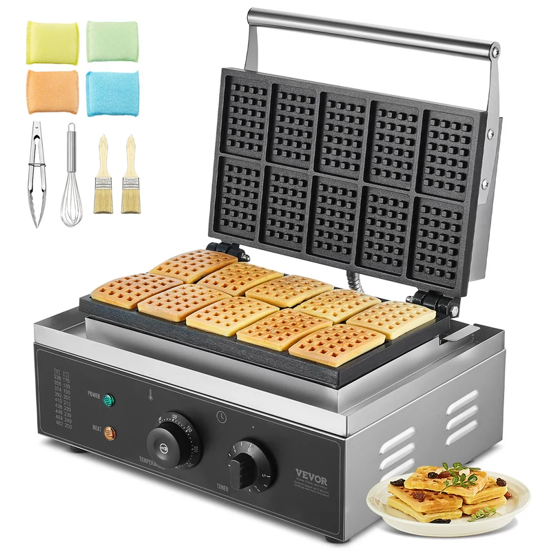 Wafelijzer – Wafelmaker – Wafelapparaat – Wafelmachine – Wafelpaneel – 10 Rechthoekige Wafels – 1550W Roestvrij Staal