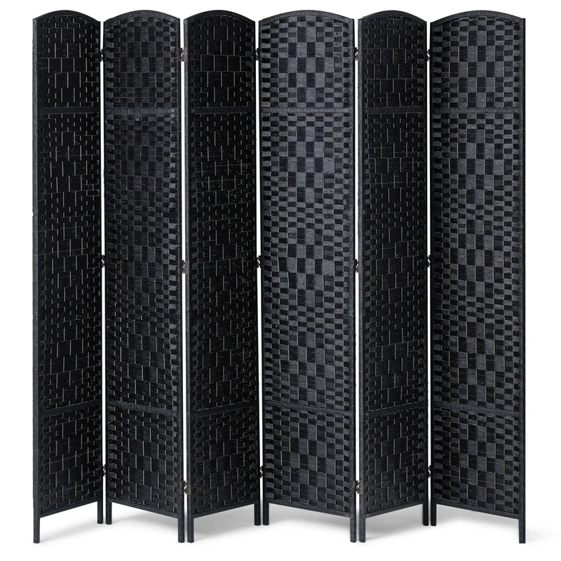 Kamerverdeler – Ruimteverdeler – Scheidingswand – Privacy Scherm – 6 Panelen – Paulownia Hout – Handgeweven Rattan – 360° Draaibaar – Zwart