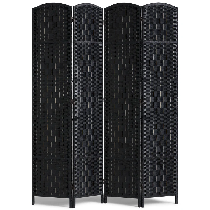 Kamerscherm – Room Divider – Scheidingswand – Paravent – Privacy Scherm – 4 Panelen – Handgeweven Rattan Papier – Paulownia Hout – 360° Draaibare Scharnieren – Zwart