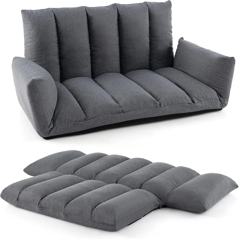 Slaapbank – Sofa – Vloerbank – Bedbank – Slaapzetel – 5-standen rugleuning – Verstelbare armleuningen – Grijs – Met Metaalframe