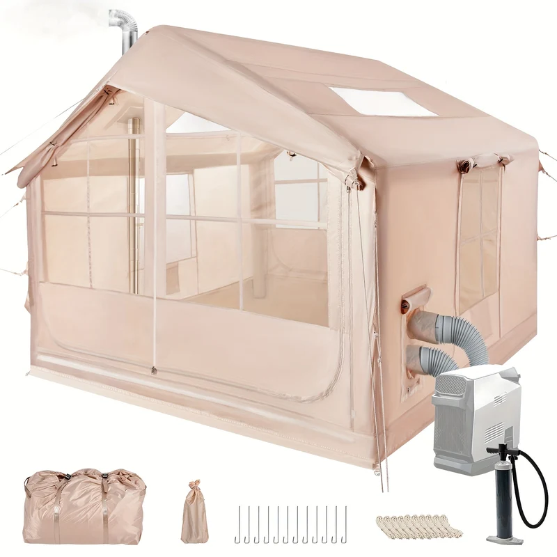 Opblaastent – Opblaasbare Tent – Familietent – Kampeertent – Tunneltent – Ruim 6-10 Persoons – Stevig Oxford Doek – Ventilatie & Muskietengaas