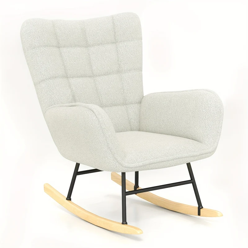 Schommelstoel – Relaxstoel – Fauteuil – Voedingsstoel – Loungestoel – Hoge Rugleuning – Teddy Fleece Bekleding – Memory Foam Zitting – Massief Houten Poten – Handmatig Schommelmechanisme – Wit